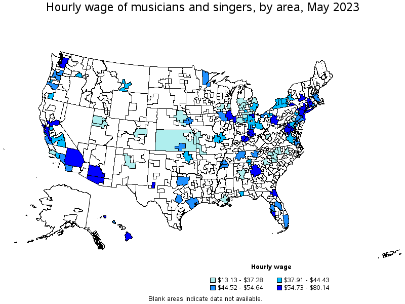 Map of annual mean wages of musicians and singers by area, May 2023