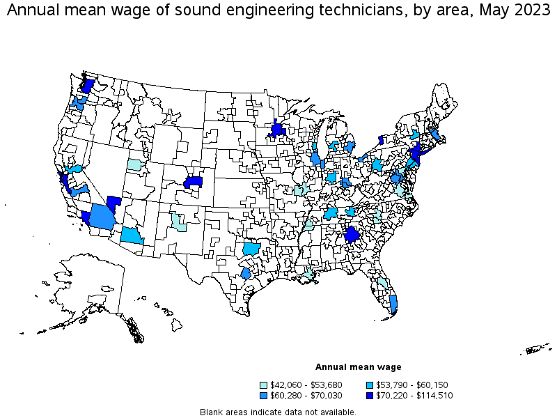 Map of annual mean wages of sound engineering technicians by area, May 2023