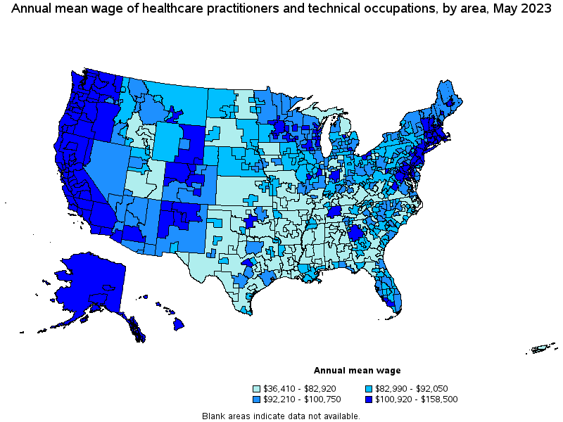 Map of annual mean wages of healthcare practitioners and technical occupations by area, May 2023