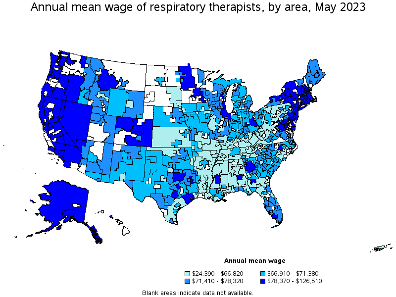 Map of annual mean wages of respiratory therapists by area, May 2023