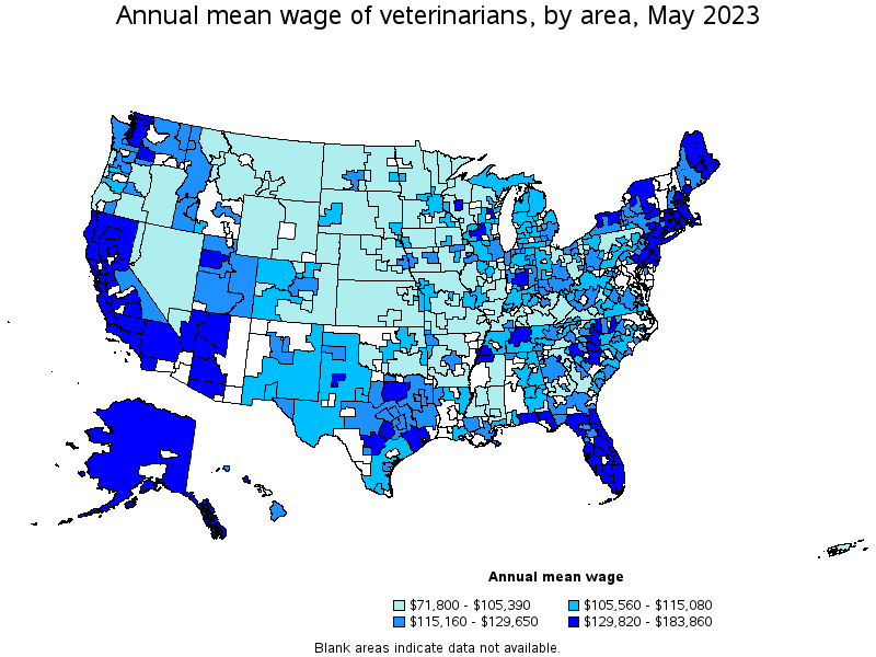 Map of annual mean wages of veterinarians by area, May 2023