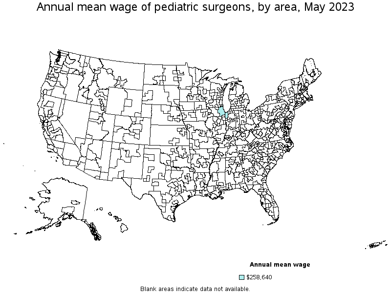 Map of annual mean wages of pediatric surgeons by area, May 2023