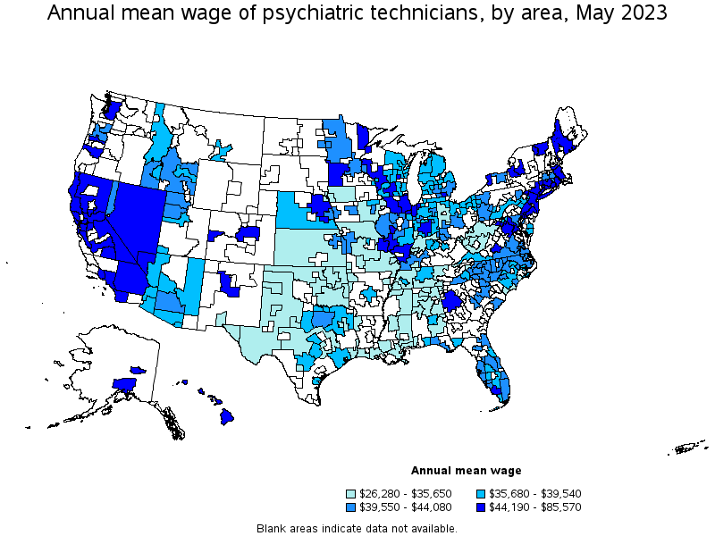 Map of annual mean wages of psychiatric technicians by area, May 2023