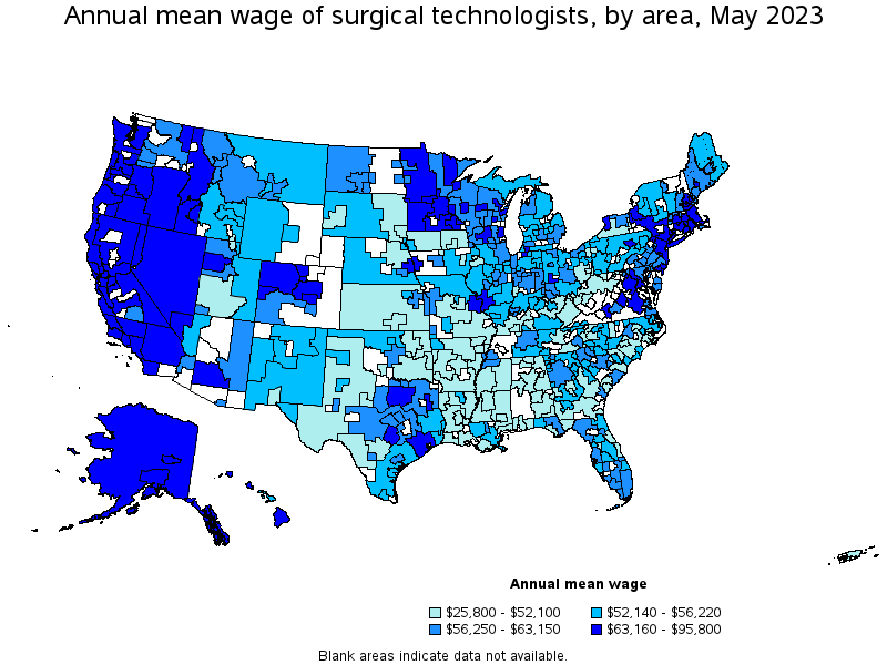 Map of annual mean wages of surgical technologists by area, May 2022