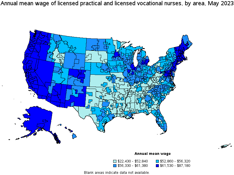 Map of annual mean wages of licensed practical and licensed vocational nurses by area, May 2023
