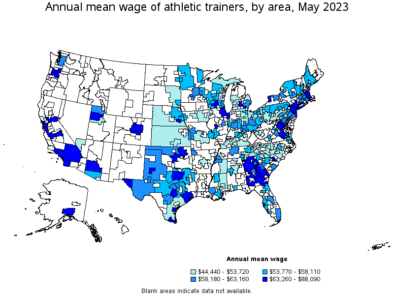 Map of annual mean wages of athletic trainers by area, May 2023