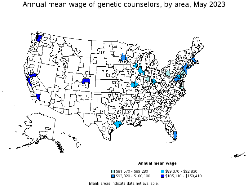 Map of annual mean wages of genetic counselors by area, May 2023