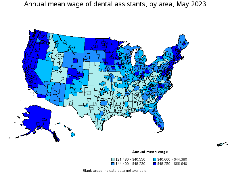 Map of annual mean wages of dental assistants by area, May 2023