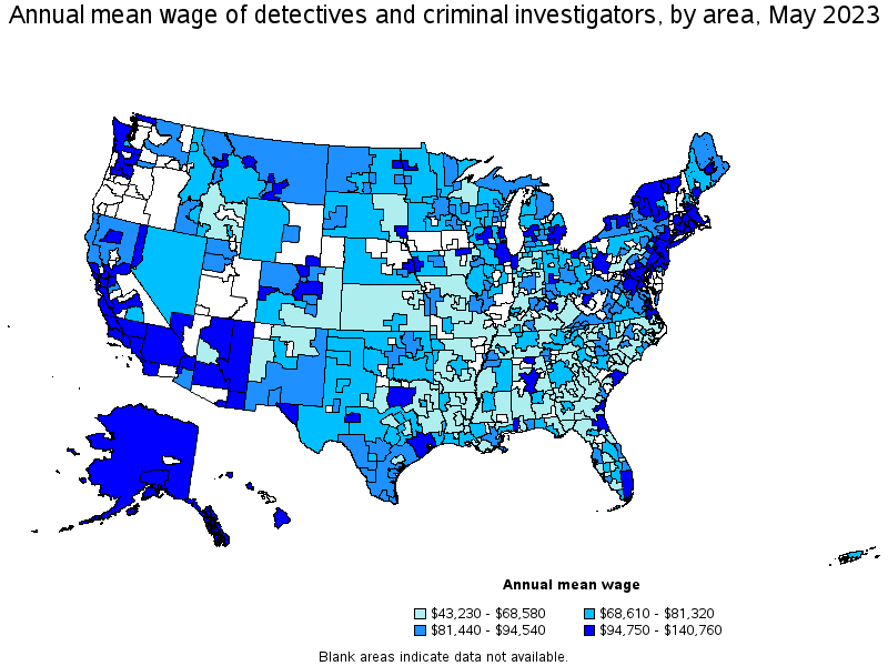 Map of annual mean wages of detectives and criminal investigators by area, May 2023