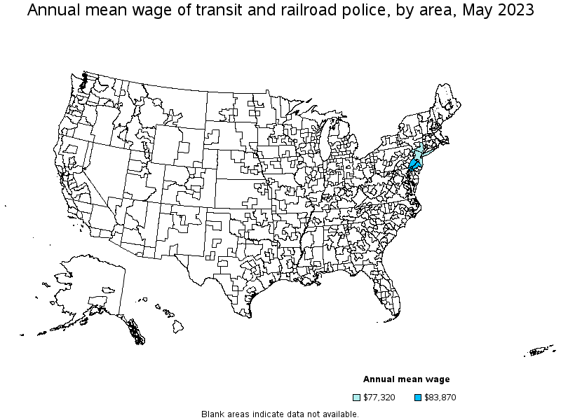 Map of annual mean wages of transit and railroad police by area, May 2023