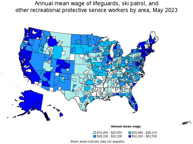 Map of annual mean wages of lifeguards, ski patrol, and other recreational protective service workers by area, May 2023