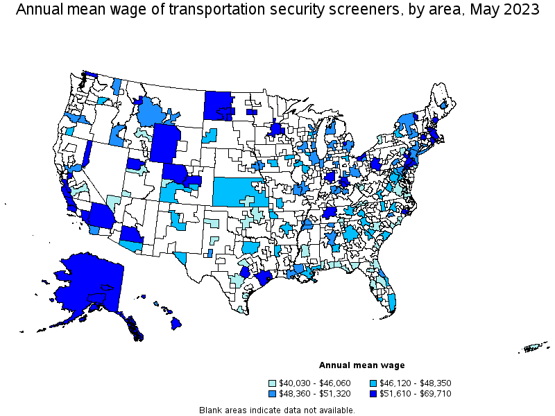 Map of annual mean wages of transportation security screeners by area, May 2023