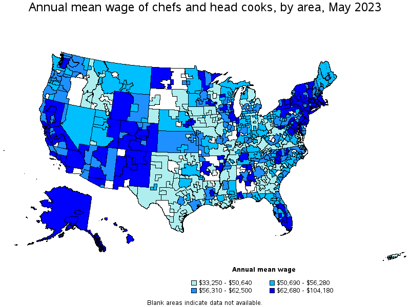 Map of annual mean wages of chefs and head cooks by area, May 2023