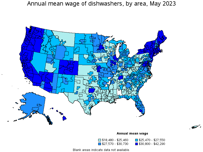 Map of annual mean wages of dishwashers by area, May 2023