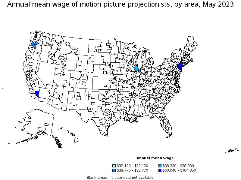 Map of annual mean wages of motion picture projectionists by area, May 2023