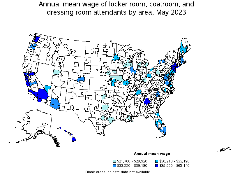 Map of annual mean wages of locker room, coatroom, and dressing room attendants by area, May 2023