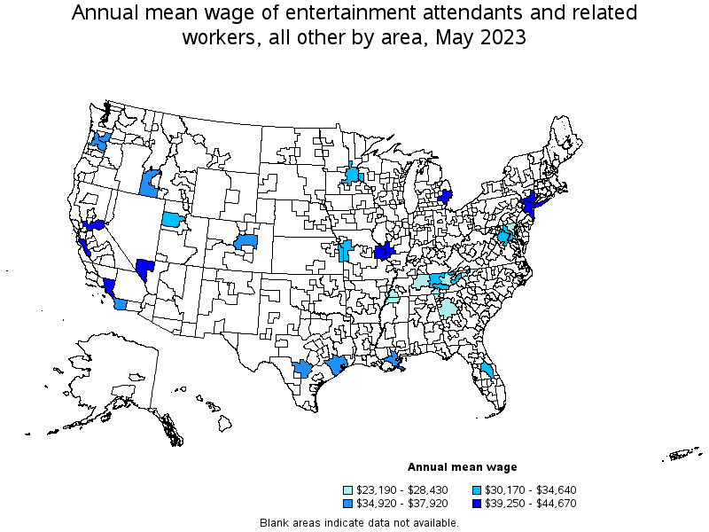 Map of annual mean wages of entertainment attendants and related workers, all other by area, May 2023