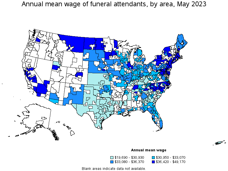 Map of annual mean wages of funeral attendants by area, May 2023