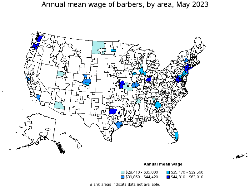Map of annual mean wages of barbers by area, May 2023