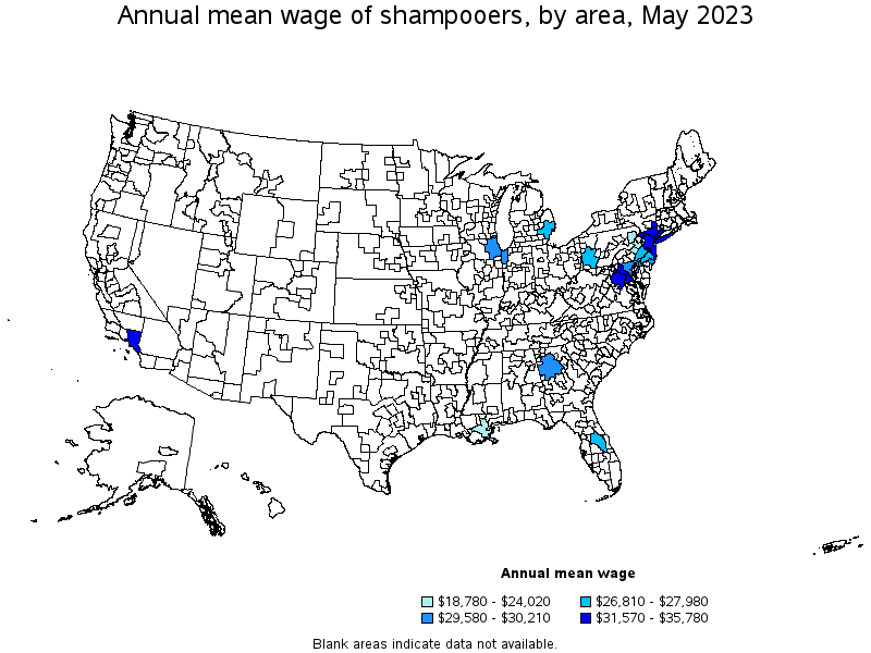 Map of annual mean wages of shampooers by area, May 2023