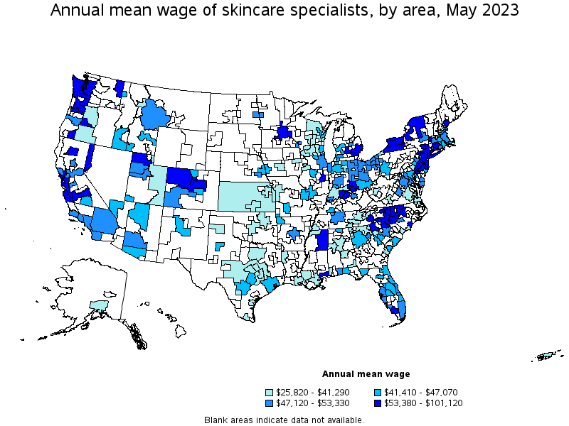 Map of annual mean wages of skincare specialists by area, May 2023