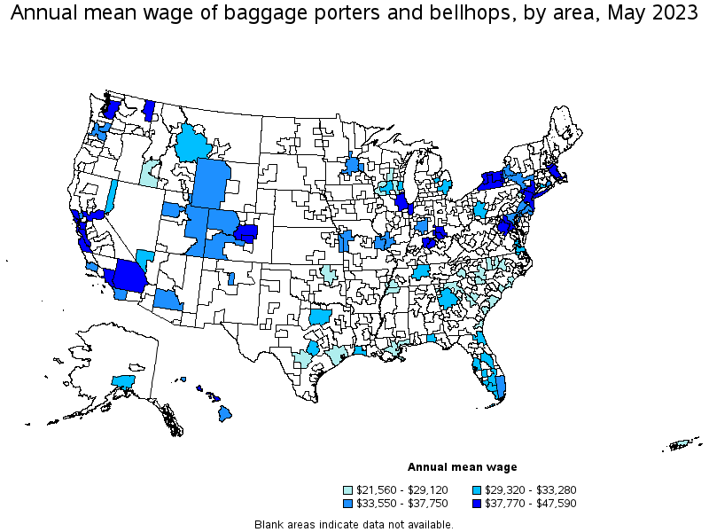 Map of annual mean wages of baggage porters and bellhops by area, May 2023
