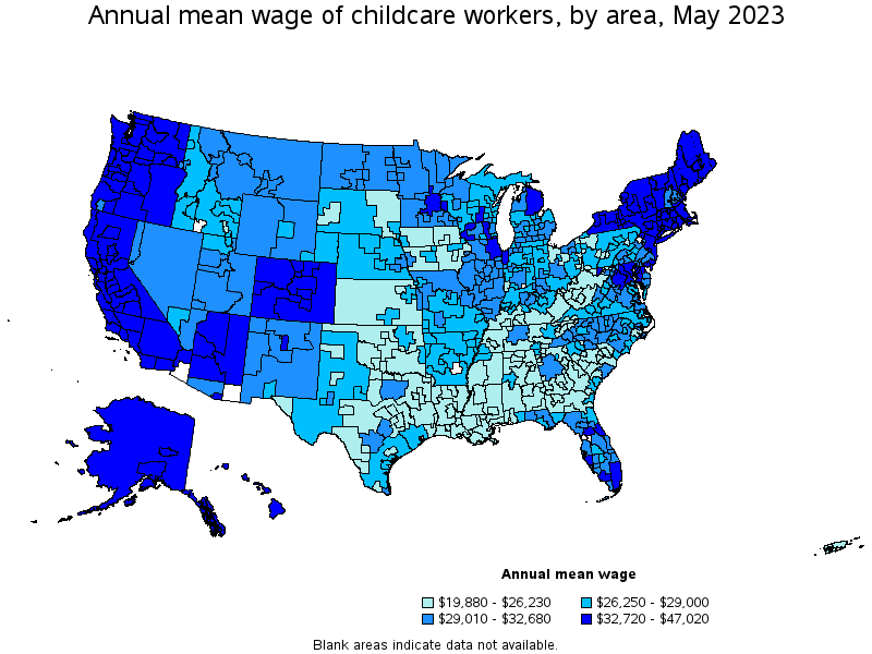 Map of annual mean wages of childcare workers by area, May 2023