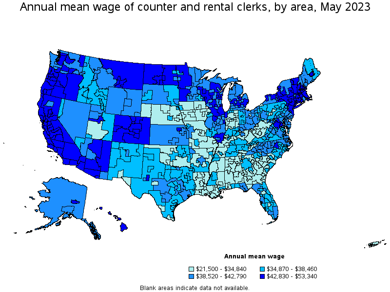 Map of annual mean wages of counter and rental clerks by area, May 2022