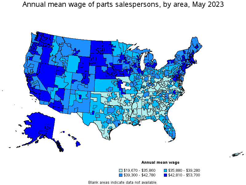 Map of annual mean wages of parts salespersons by area, May 2023