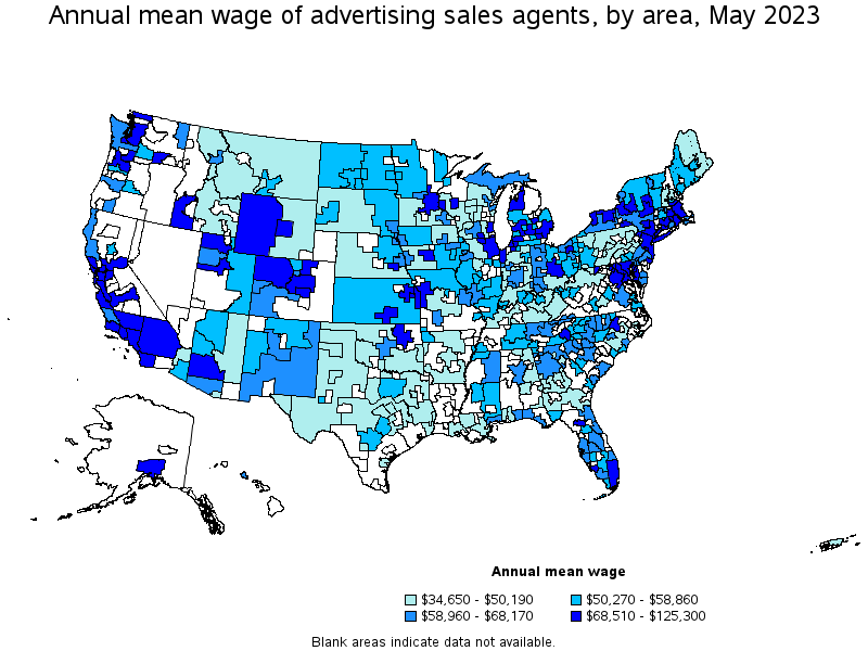 Map of annual mean wages of advertising sales agents by area, May 2023
