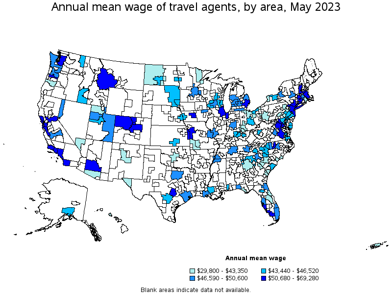 Map of annual mean wages of travel agents by area, May 2023