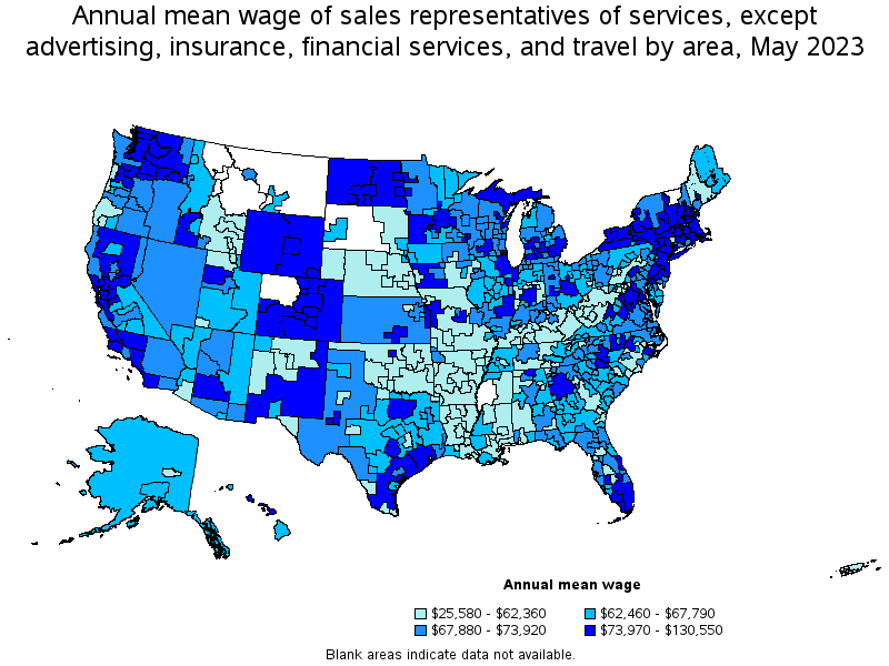 Map of annual mean wages of sales representatives of services, except advertising, insurance, financial services, and travel by area, May 2023