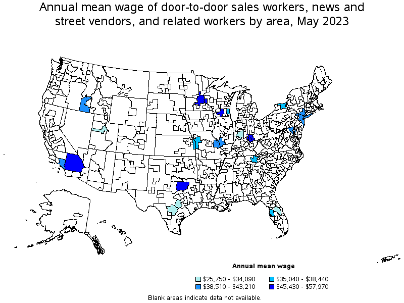 Map of annual mean wages of door-to-door sales workers, news and street vendors, and related workers by area, May 2023