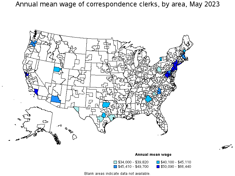 Map of annual mean wages of correspondence clerks by area, May 2023