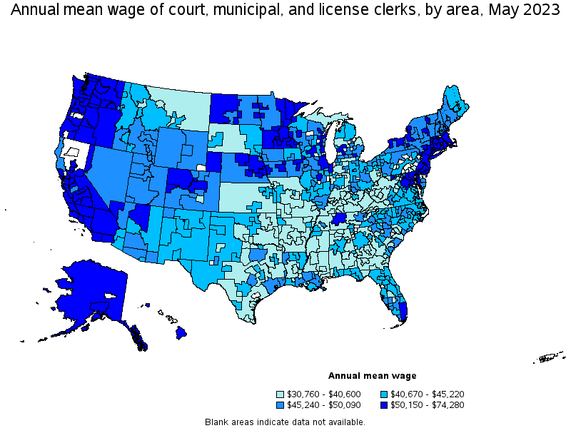 Map of annual mean wages of court, municipal, and license clerks by area, May 2023