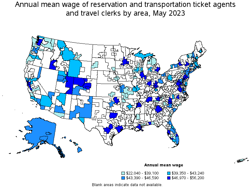 Map of annual mean wages of reservation and transportation ticket agents and travel clerks by area, May 2023