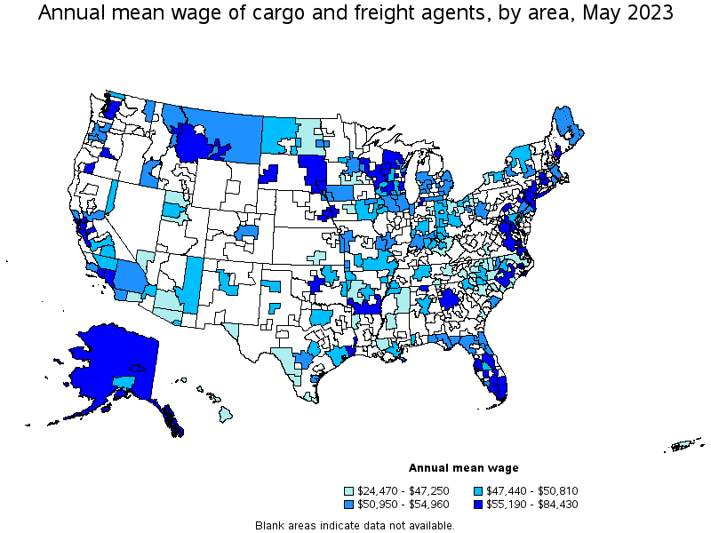 Map of annual mean wages of cargo and freight agents by area, May 2023