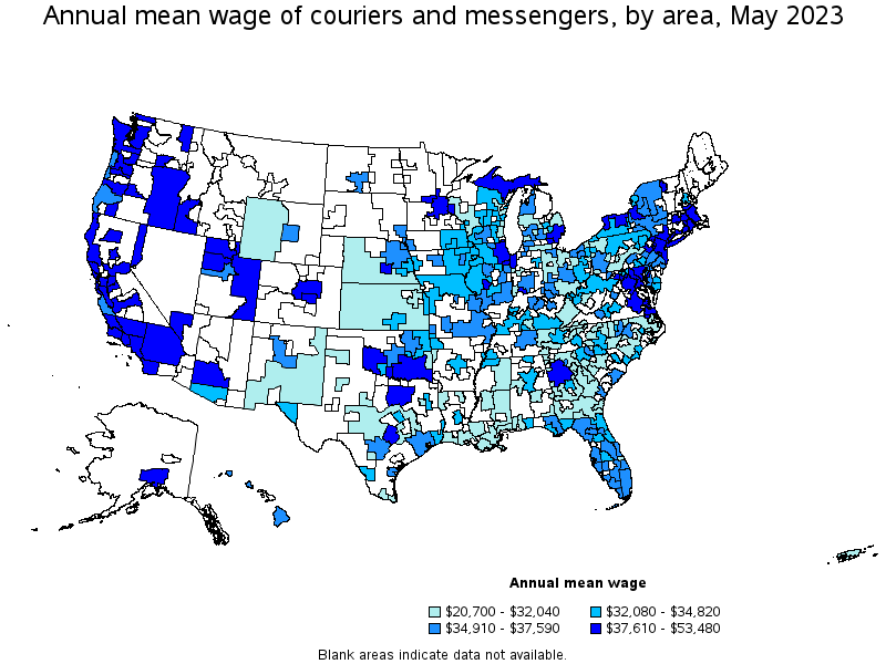 Map of annual mean wages of couriers and messengers by area, May 2023