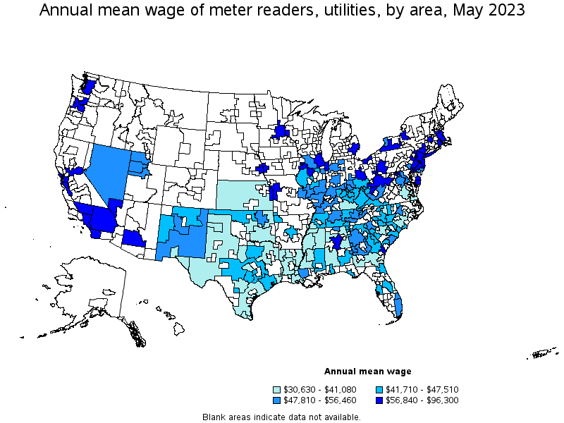Map of annual mean wages of meter readers, utilities by area, May 2023