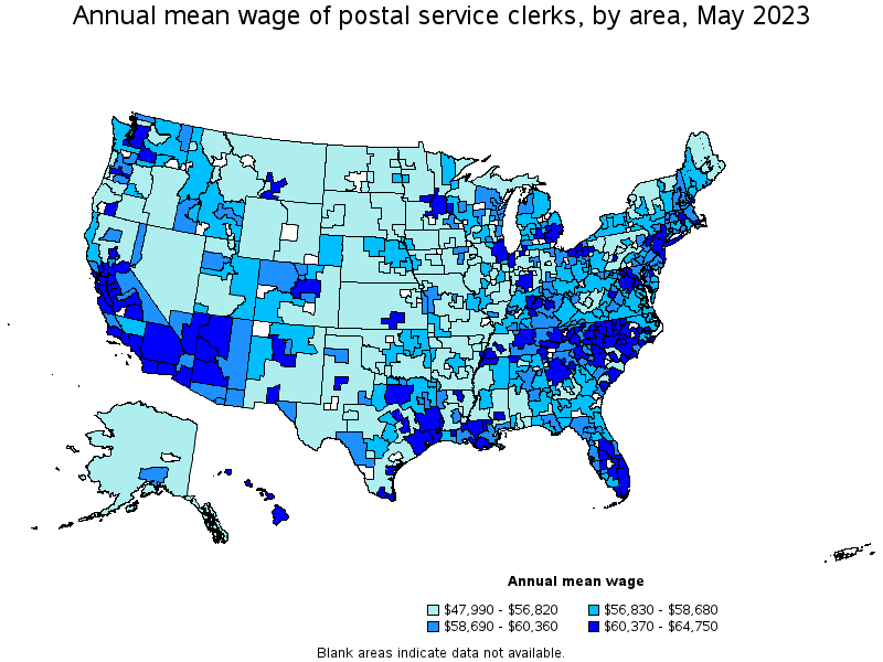 Map of annual mean wages of postal service clerks by area, May 2022