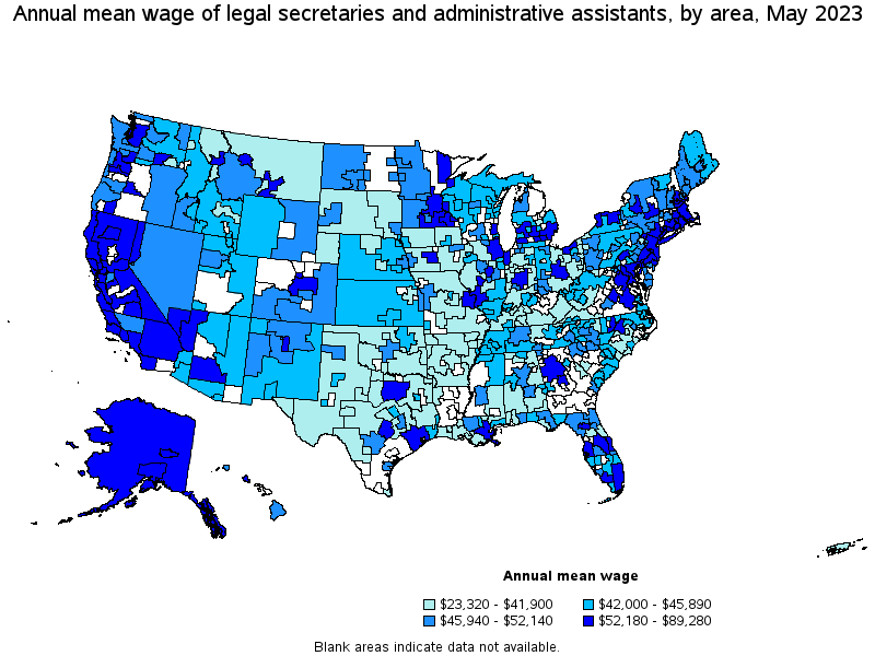 Map of annual mean wages of legal secretaries and administrative assistants by area, May 2023