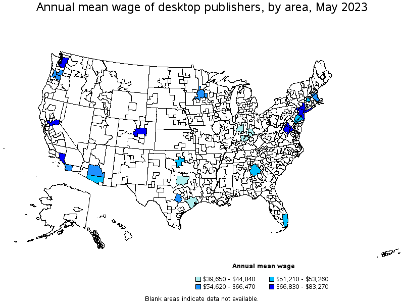 Map of annual mean wages of desktop publishers by area, May 2023