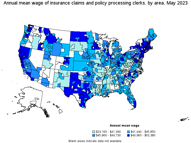 Map of annual mean wages of insurance claims and policy processing clerks by area, May 2023