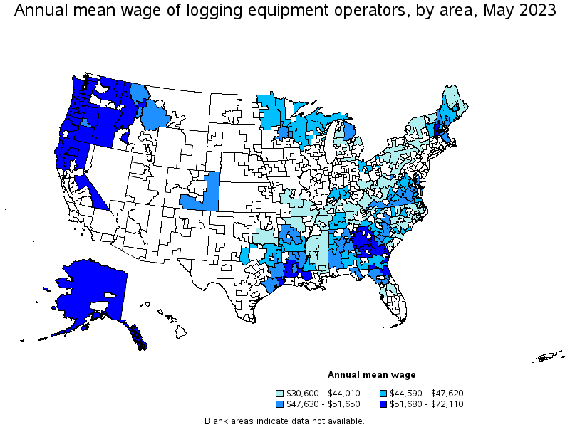 Map of annual mean wages of logging equipment operators by area, May 2023