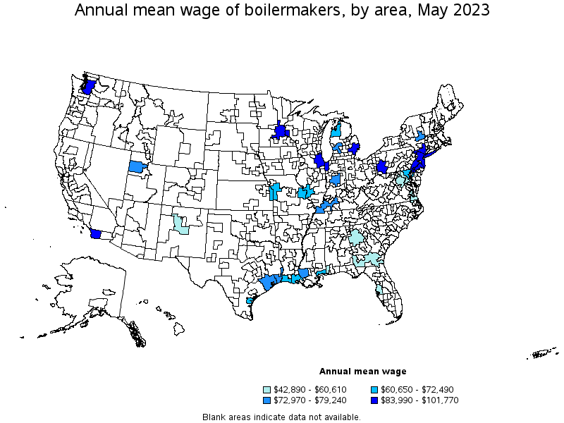 Map of annual mean wages of boilermakers by area, May 2023