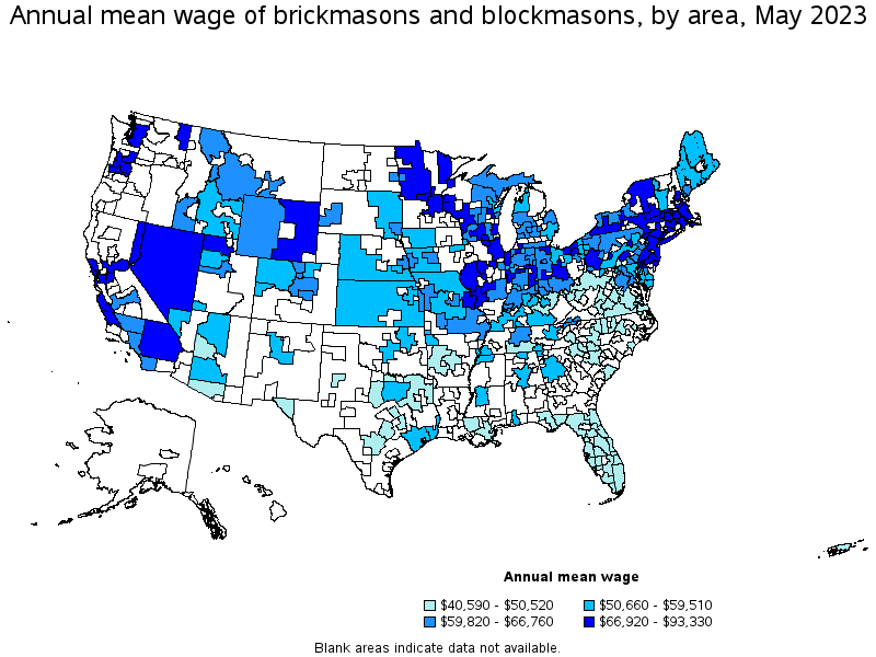 Map of annual mean wages of brickmasons and blockmasons by area, May 2023