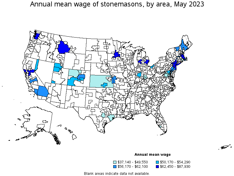 Map of annual mean wages of stonemasons by area, May 2023