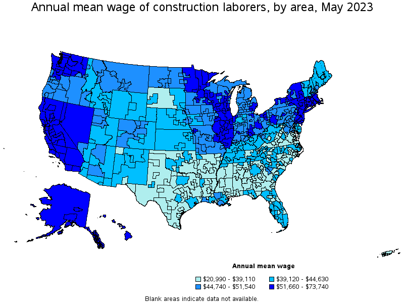 Map of annual mean wages of construction laborers by area, May 2023