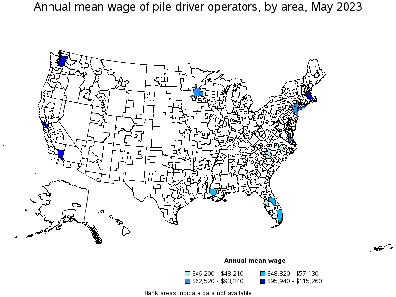 Map of annual mean wages of pile driver operators by area, May 2023
