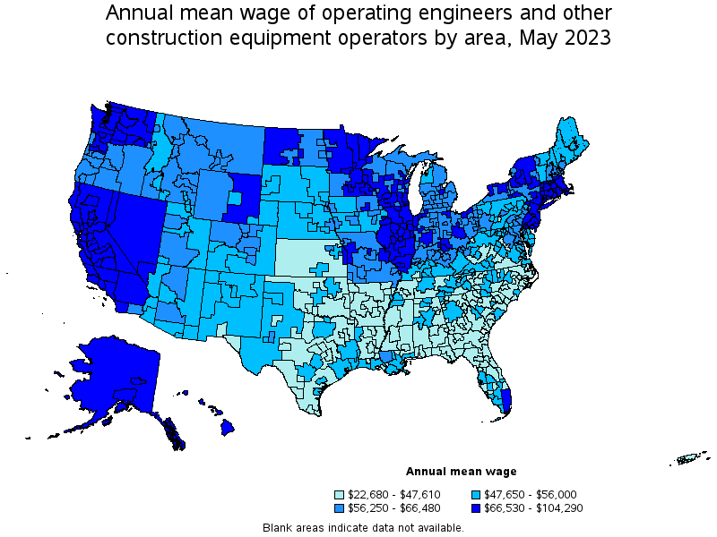 Map of annual mean wages of operating engineers and other construction equipment operators by area, May 2023